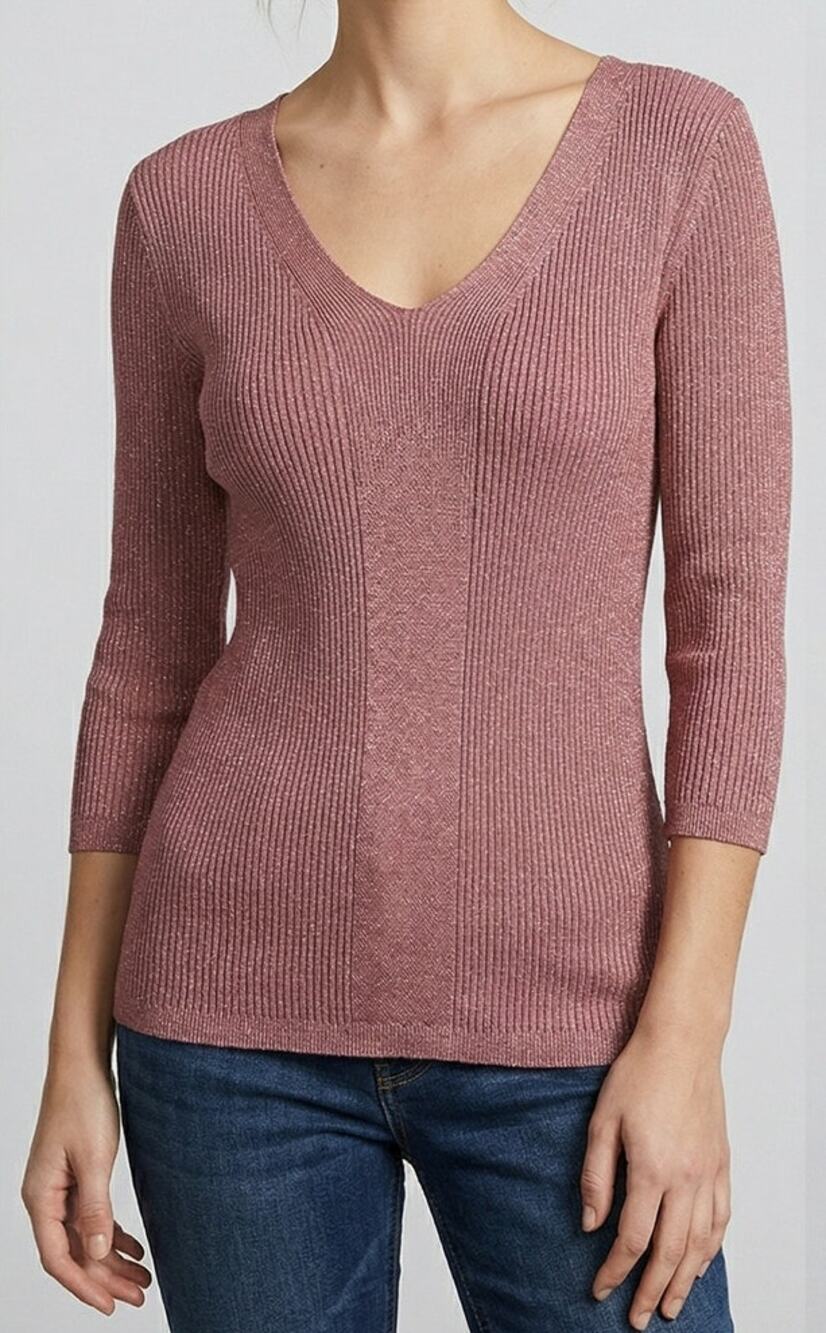 Maurices Small V Neck 3/4 Sleeve Rose Pink Ribbed Sweater Rayon Polyester